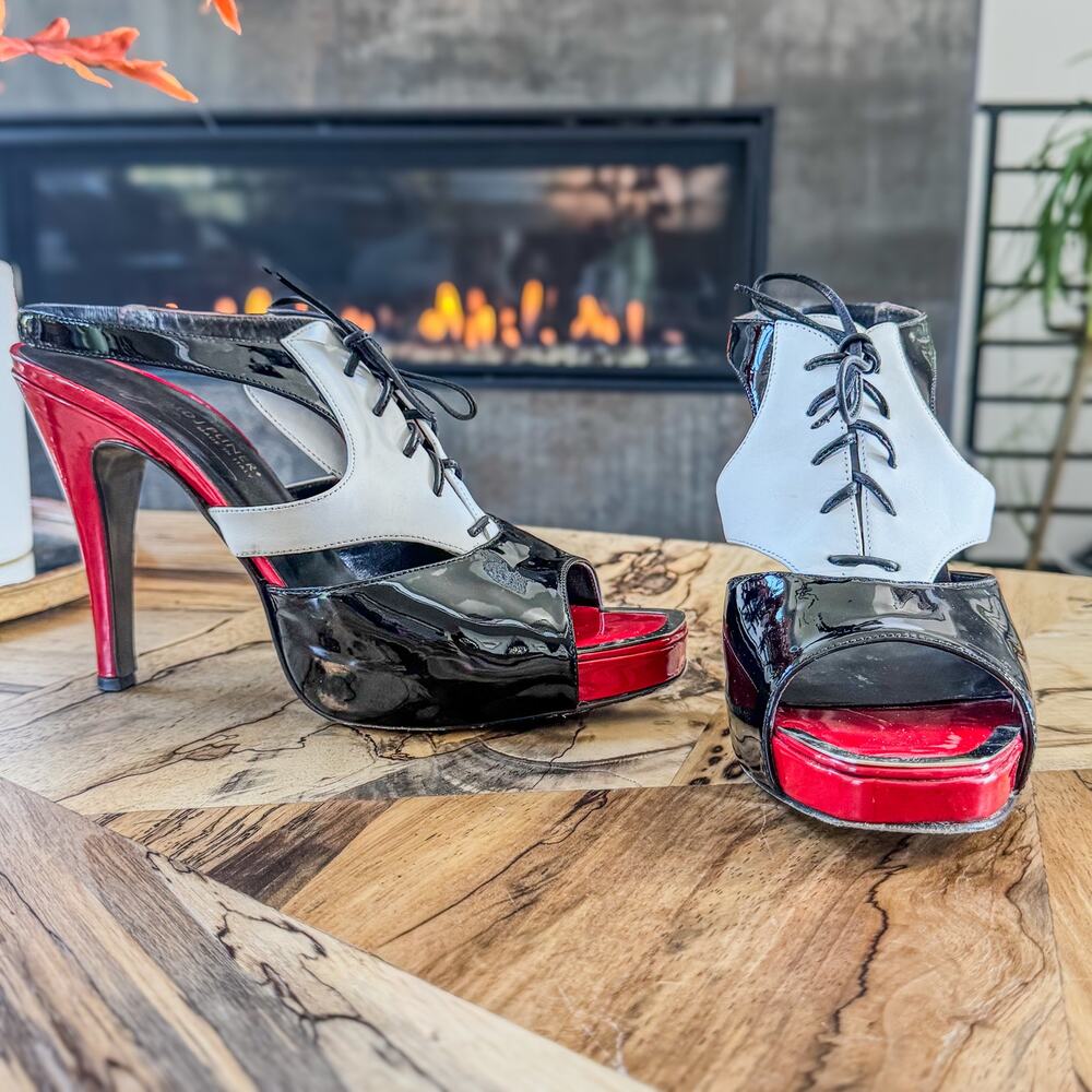 Donald J. Pliner Patent Leather Lace Up Tuxedo Open Toe Heels Made in Italy, 9.5 - Picture 8 of 10